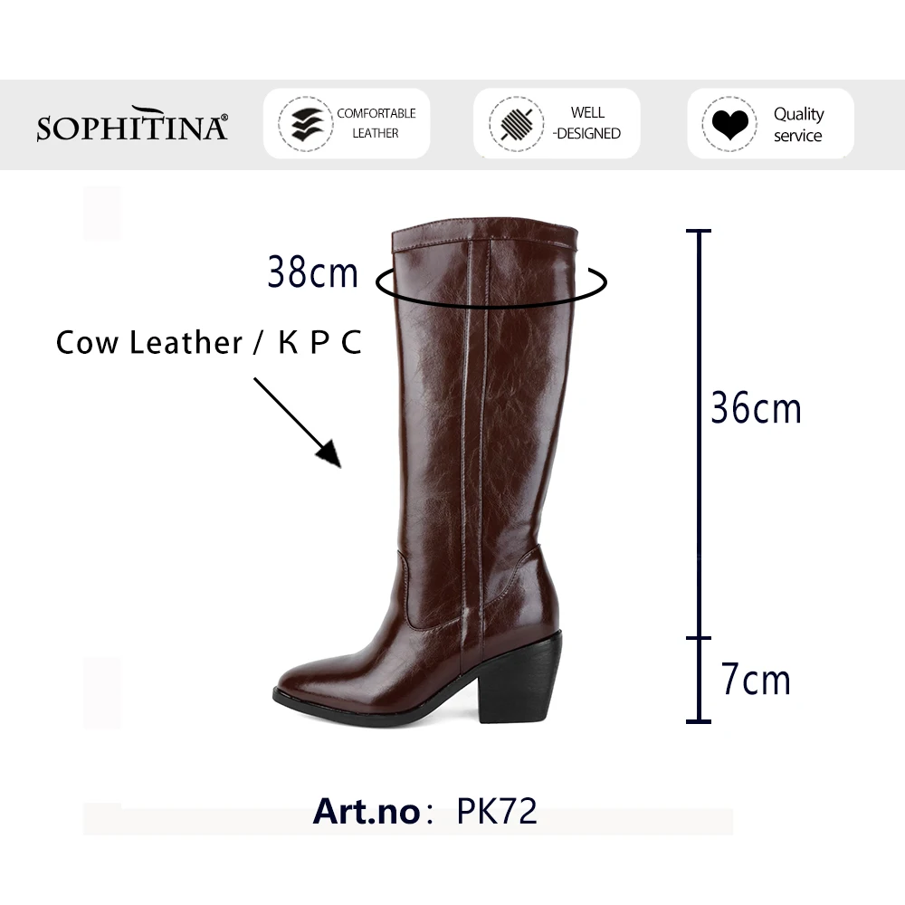 

SOPHITINA Mid-calf Boots Woman Red Wine Genuine Leather Pointed Toe High Square Heel Long Boots PK72