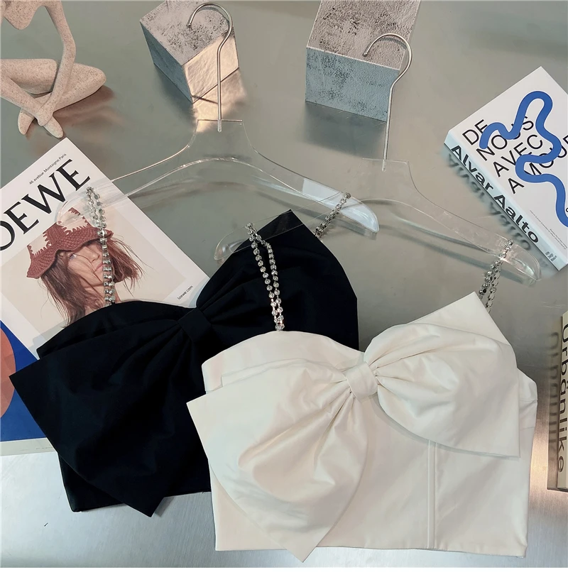 

2021 Summer Women Elegant Drilling Chain Strap Big Bow Short Tank Top Lady Sexy Sleeveless Solid Color Camisole