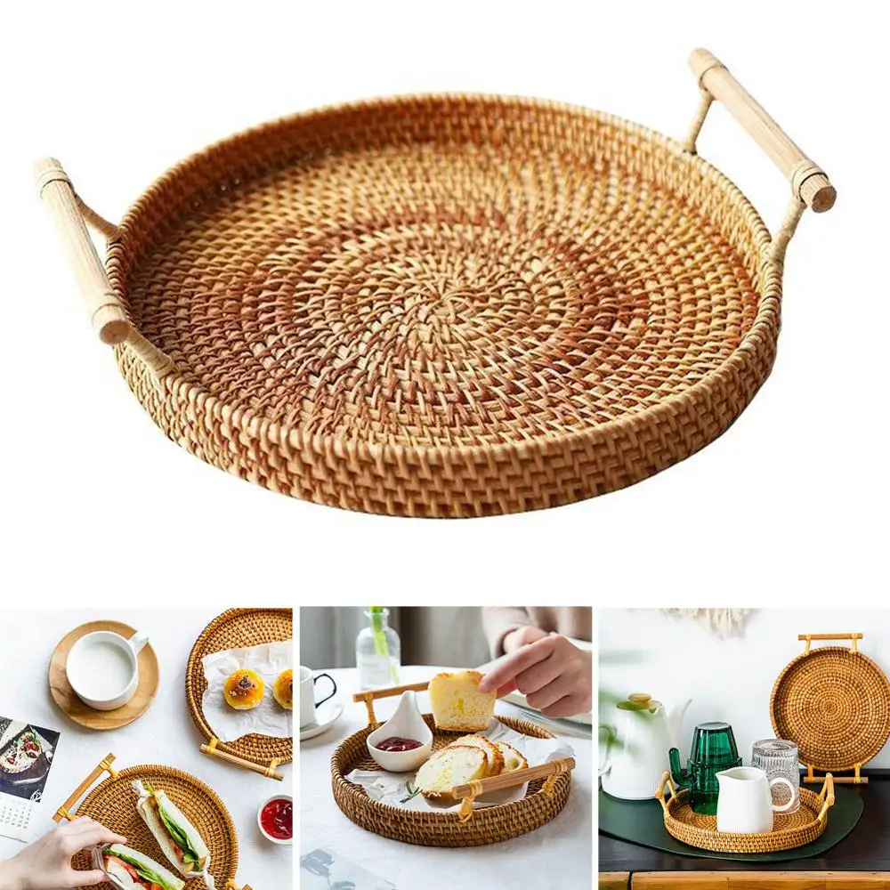 

Лоток для хранения из ротанга, круглая корзина с ручкой, плетеный лоток из ротанга, плетеная корзина для хлеба, фруктов, еды, завтрака, L