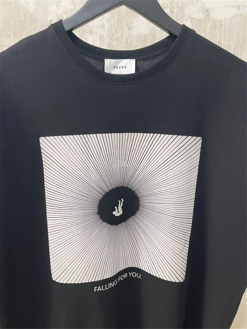 

Black RHUDE FALLING FOR YOU TEE Men Women Graphic Print RHUDE Tee Back Text Logo Short Sleeve