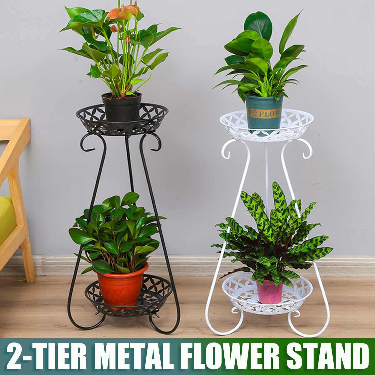

2 Tier Metal Plant Stand Display Shelf Holder Home Indoor Outdoor Office Decor Garden Balcony Flower Tray Plant Pot Storage Rack