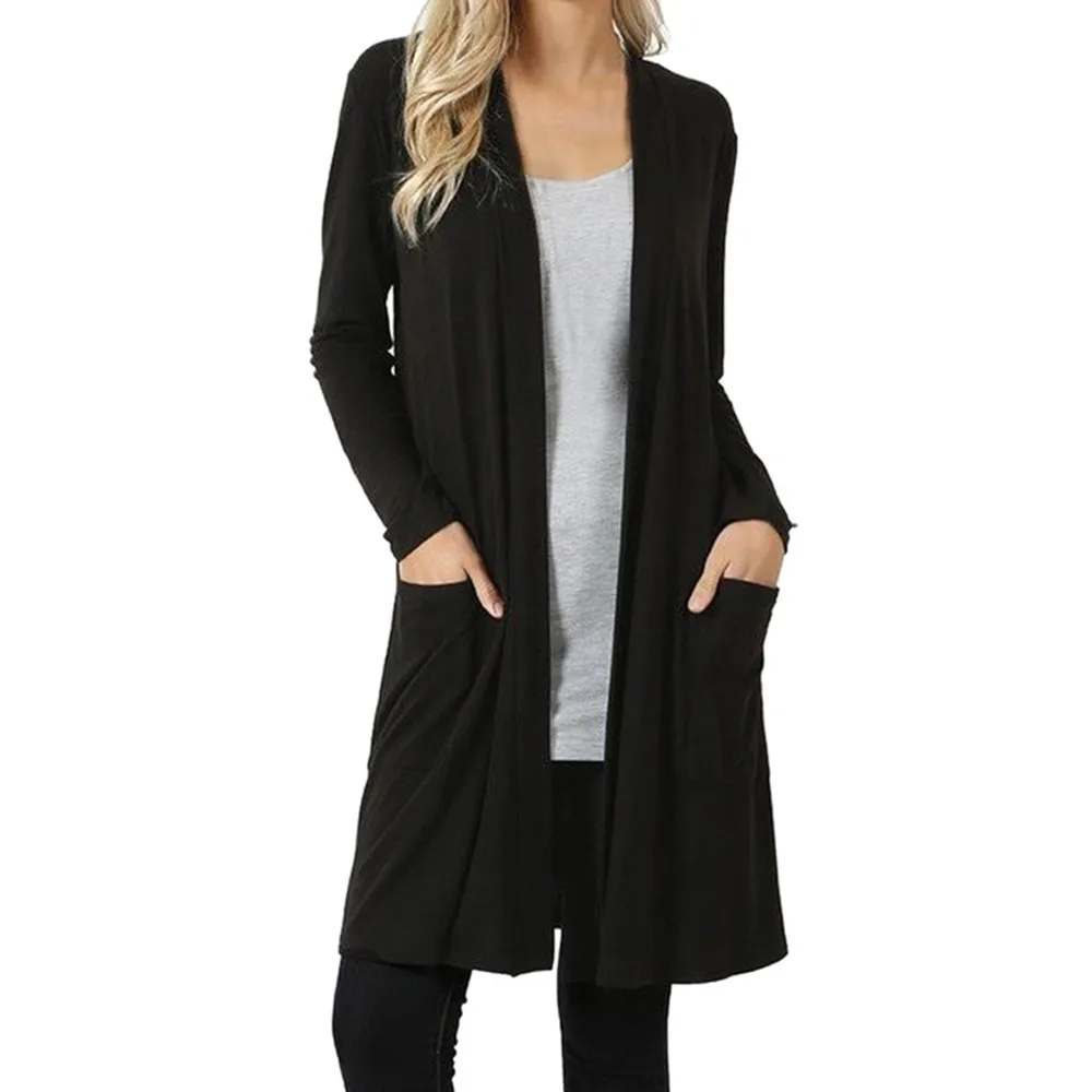 Женский кардиган с открытой передней частью свитер длинным рукавом и карманами