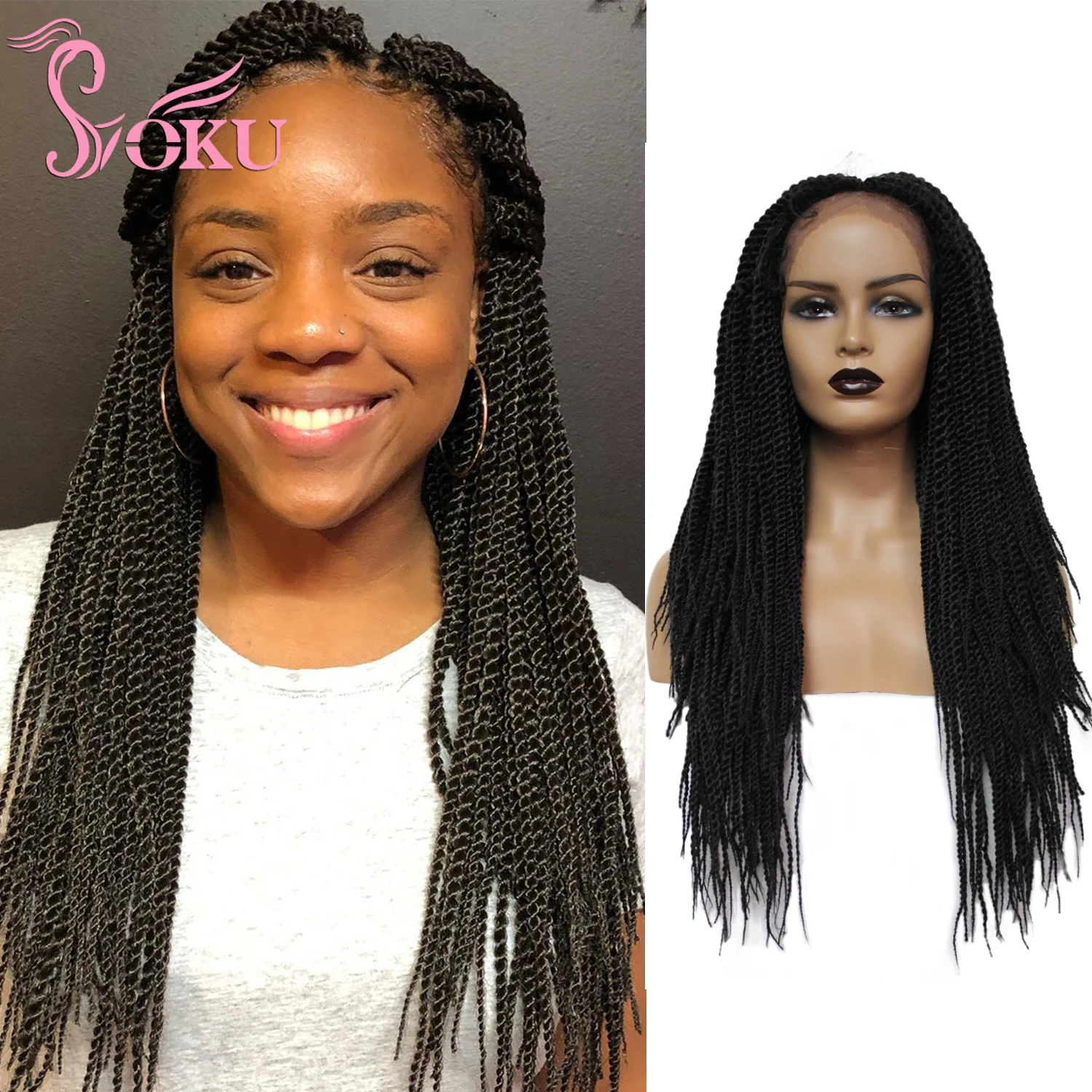 

Middle Part Synthetic Lace Front Wigs Braided Wig With Senegalese Twist Crochet Hair Black Senegal Twist Hair Soku Braids Wig