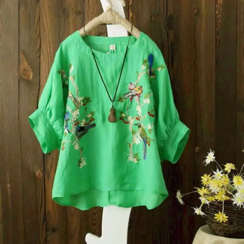 

Plus size Tops Summer Women Blouses Short sleeve Ladies Loose Embroidered 100% Cotton Linen High quality Vintage Casual