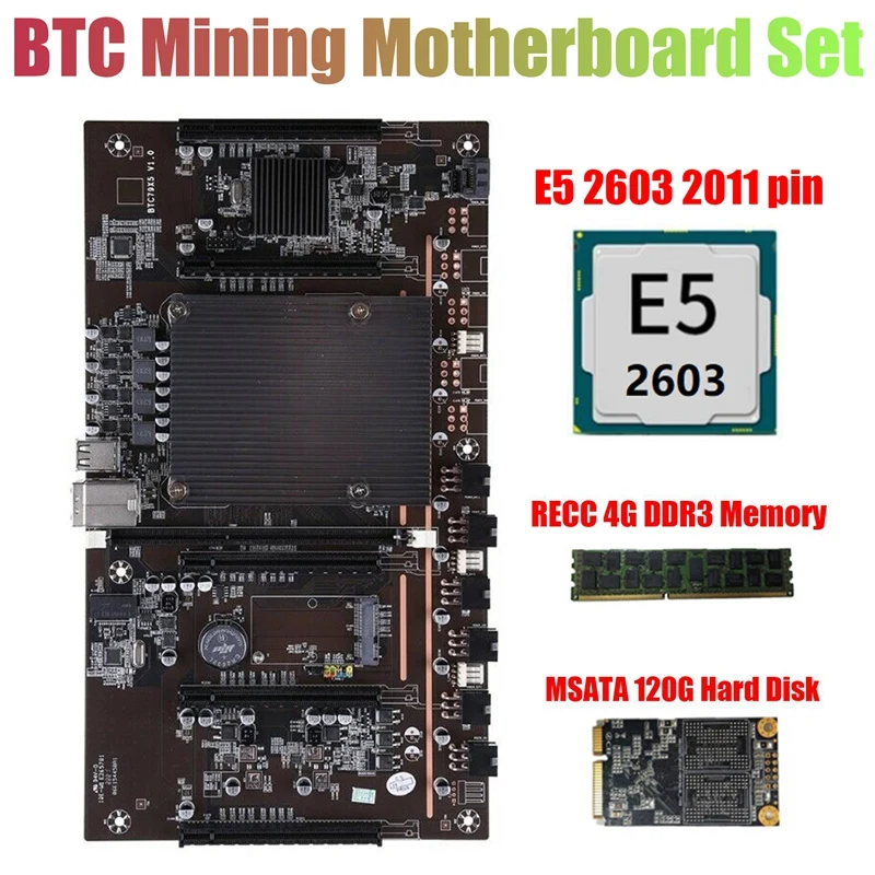 

X79 H61 BTC Miner Motherboard 5X PCIE Support 3060 3070 3080 Graphics Card with E5-2603 CPU RECC 8G DDR3 Memory 120G SSD