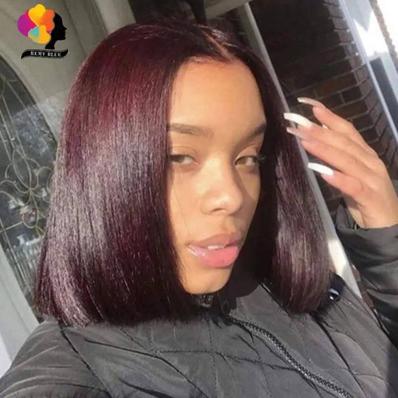 

Remyblue Brazilian Human Hair Wigs 13*1 Short Bob Wig Burgundy Red 99J Pre-Colored Lace Front Wig Transparent Remy Deep Part Wig