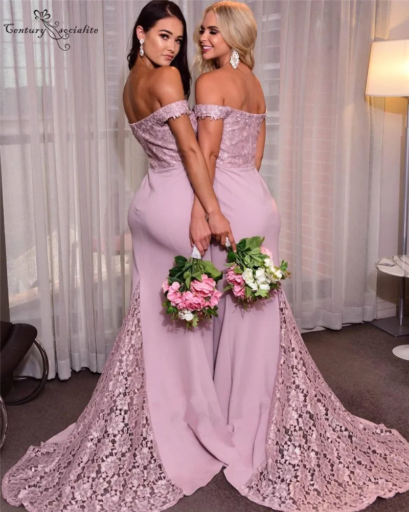 Pink Long Lace Bridesmaid Dresses Mermaid Off Shoulder Zipper Sweep Train Cheap Wedding Guest Dress Maid Of Honor Prom Gown 2020 | Свадьбы и