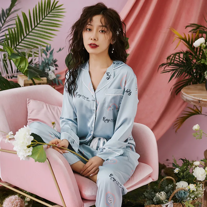

Women Sleepwear 2PCS Shirt&Pants Silky Pajamas Suit Intimate Lingerie Soft Nightwear Satin Home Clothes Spring New Nightgown