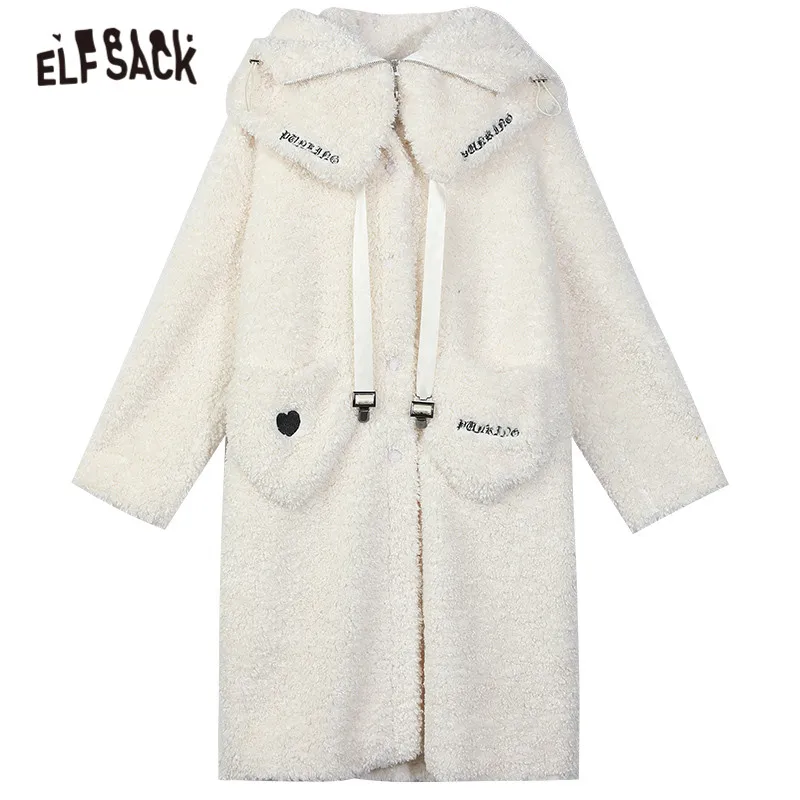 

ELFSACK Solid Teddy Lazy Zipper Front Straight Wool Coats Women,2020 Winter ELF Vintage Pure Oversize Casual Ladies Warm Outwear