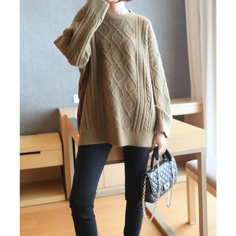 

TVVOVVIN O-neck Pullover Women's Mid-length Sweater 2021 New Winter Wear Loose Solid Color Knitting Tops F116