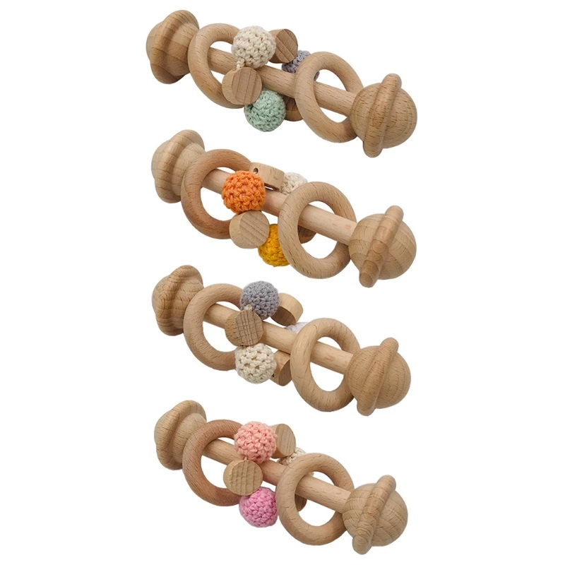 

1pc Wooden Teether Bells Wood Rattles Baby Hanging Teether Toys Beech Wooden Ring Silicone Beads Wood Bell For Rattle