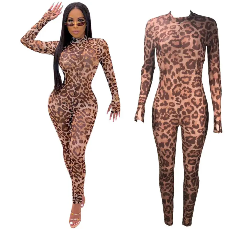 

New Women Summer Sexy Long Sleeve Tight Leopard Mesh Clubwear Party Playsuit Casual Jumpsuit Romper Trousers