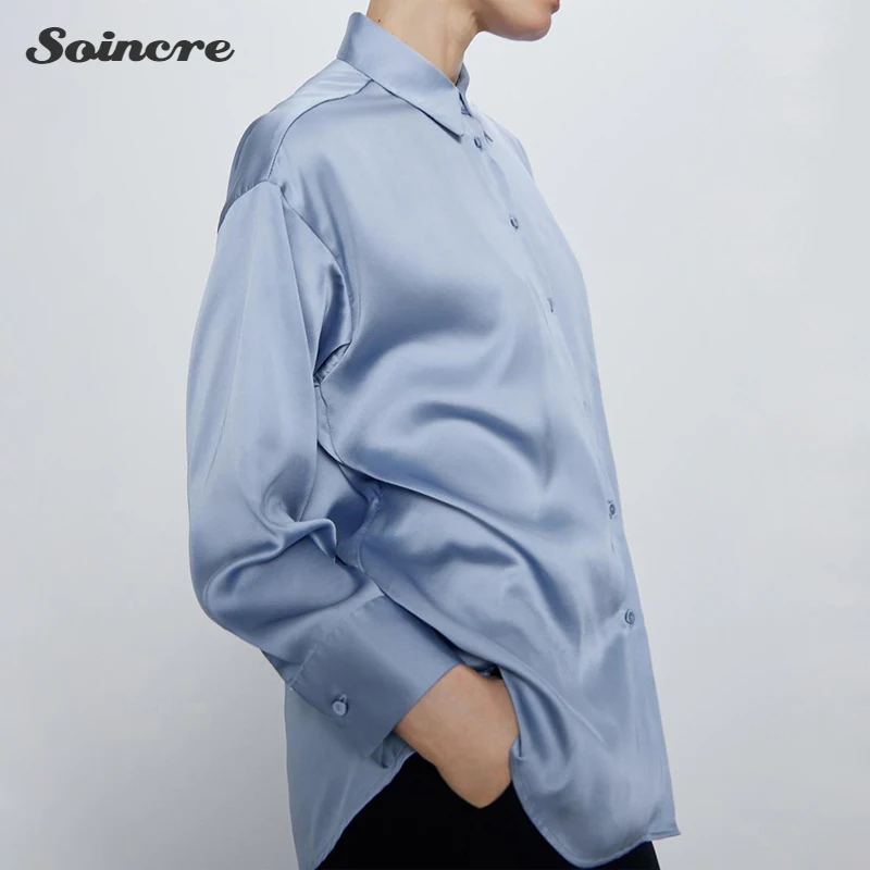 

Women Cotton Satin Shirt Turn Down Collar Long Sleeve Blouse Office Lady 2021 High Street Fashion Oversized Loose Casual Tops