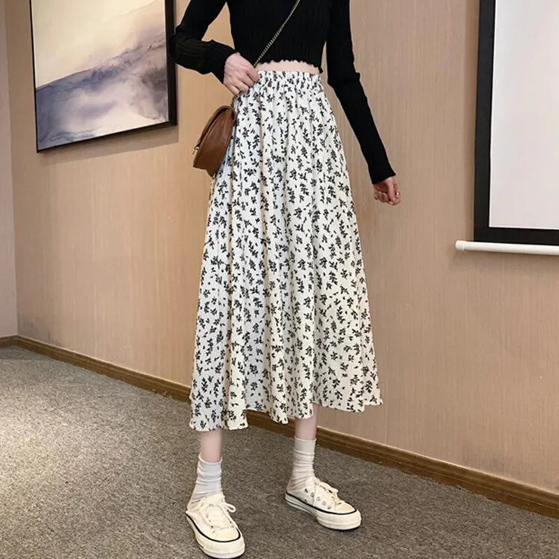 

Floral Skirt for Woman Summer 2021 New Women's Drape Skirt Mid-length Skirt Chiffon High Waist A-line Skirt Womens Korean
