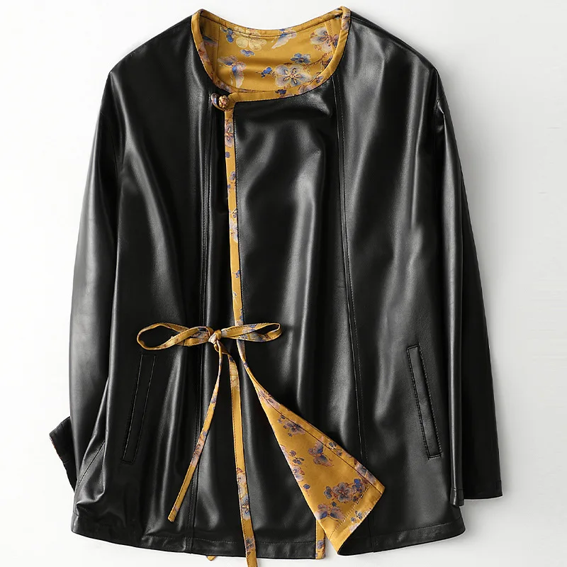 High Street Sheepskin Mid Length Black Jacket Printed Lining Women's Genuine  Leather New Casual Coat 2021 Spring Clothing