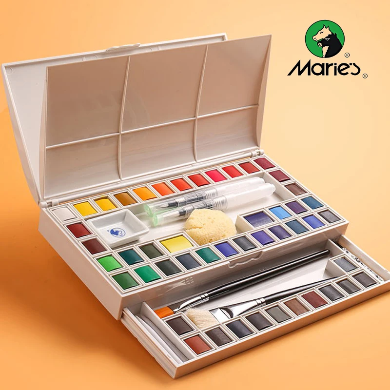 Marie's 18/24/36/48 Professional Portable Solid Watercolor Paint Set Include Palette Water Storage Brush For Watercolor Painting