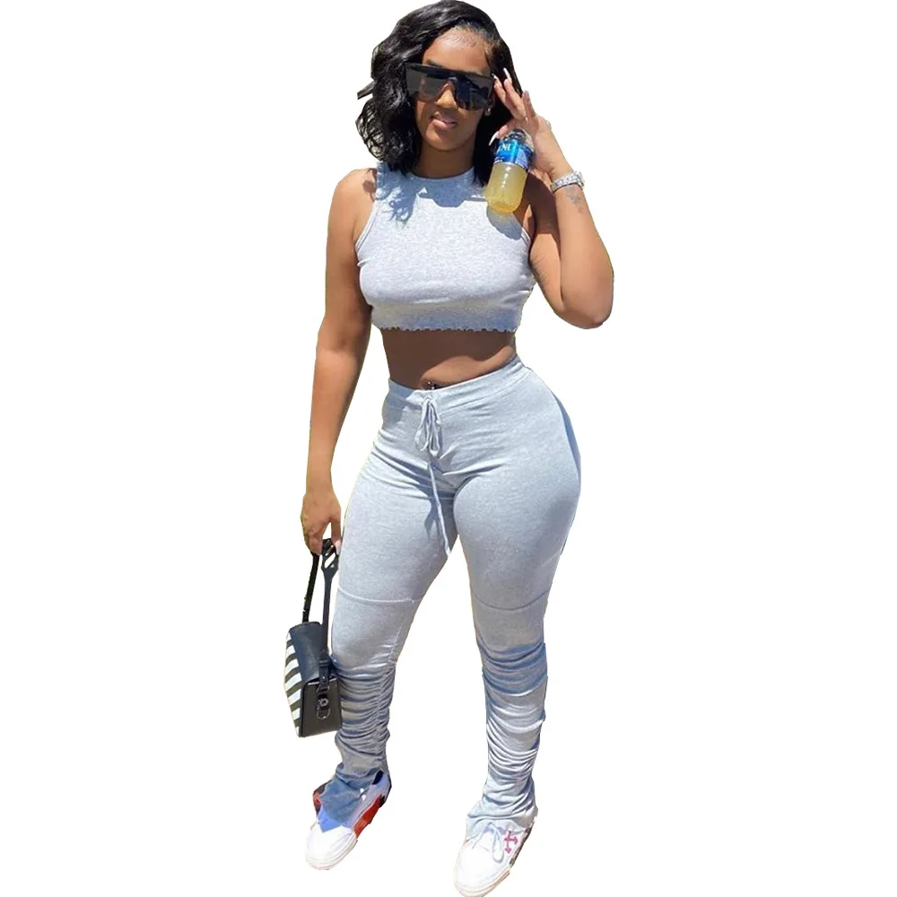 Casual Women Stacked Pants Joggers Set Sleeveless Crop Top + Long Tracksuit Clothes For Pare Gray Color |