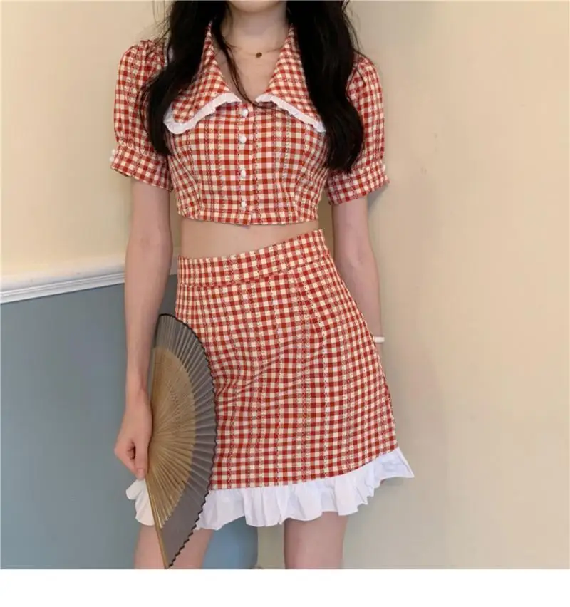 

Korean Style Grassland Chic and Sweet Summer Cute Plaid Short-Sleeved Harajuku Fashion Casual Mini Skirt Slim Ins Two-Piece Set