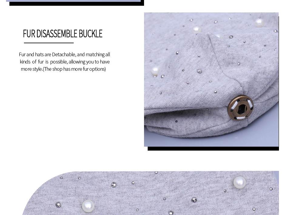 New Women's Pearls Beanies Winter Causal Solid Rhinestone Pearl Slouchy Beanies Hat with Raccoon Fur Pompom Femme Black Cap