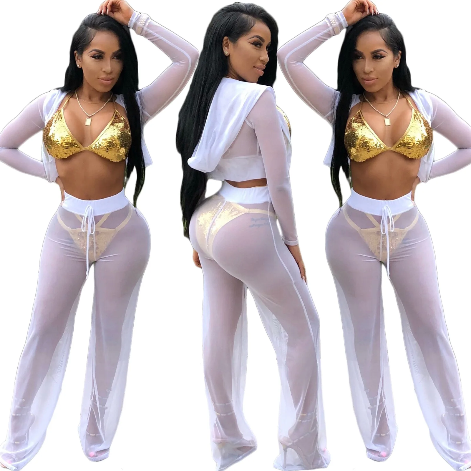 

Fashion casual mesh suit spot see-through trousers suit