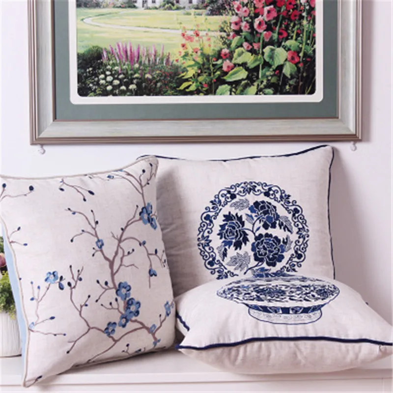 Винтажная сине белая фарфоровая наволочка с принтом декоративная диванная