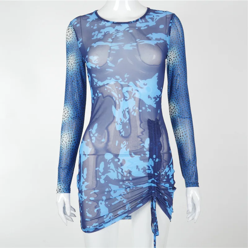 

Aesthetic Print Mesh Mini Dress Women Summer Sexy See Through Long Sleeve Pleated Bodycon Skirt Party Clubwear Female Hot