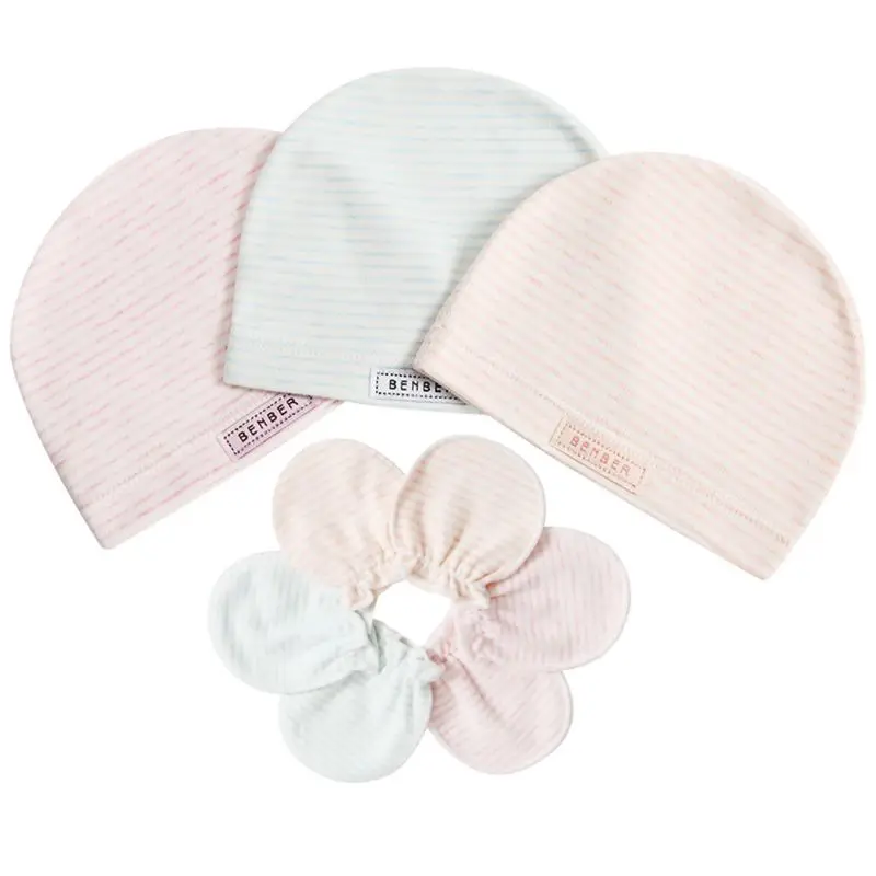 

Шапка и перчатки для новорожденных, комплект из мягкой хлопковой шапки в полоску, варежки с защитой от царапин, детские теплые предметы одеж...