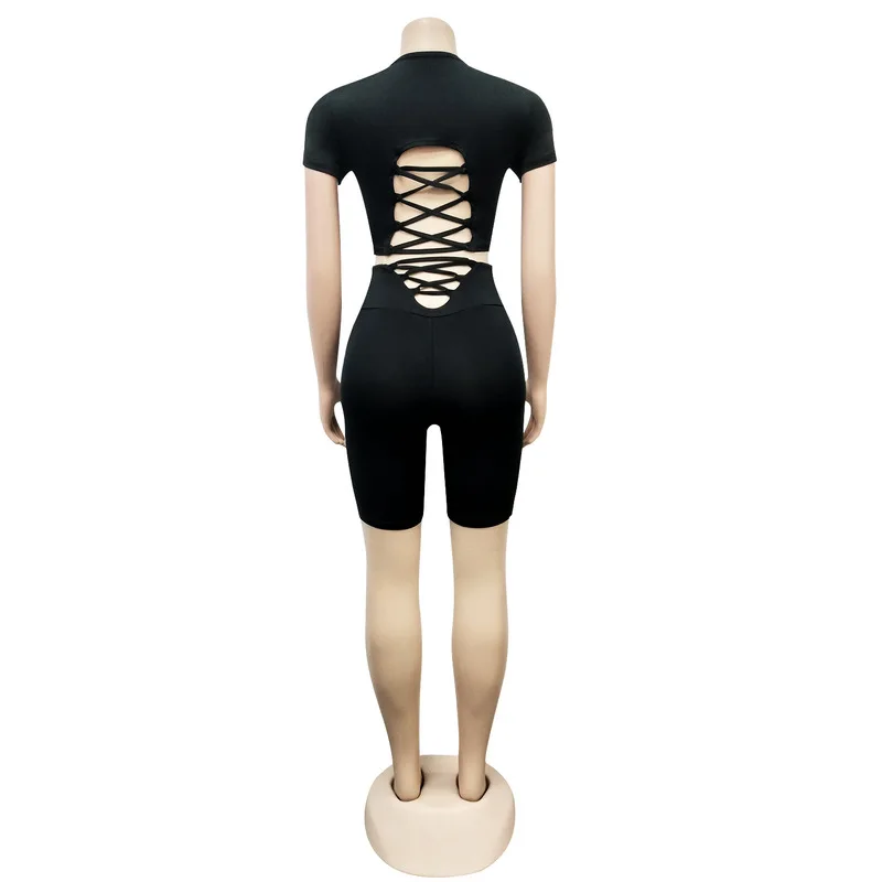 

Solid Fitness Two Piece Set Sweat Suits Women Mock Neck Short Sleeve Backless Lace Up Crop Top + Biker Shorts Ladies Tracksuits