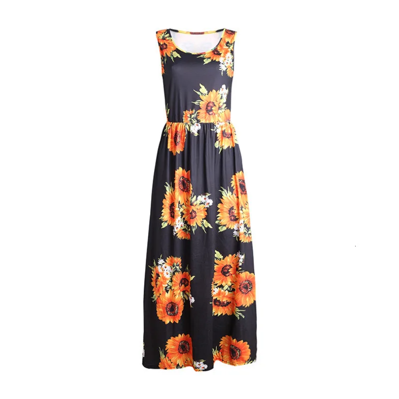 Boho Holiday Summer Female Beach Dress A Line Tank Sleeveless High Waist Long Floral Print Pocket Maxi Q |