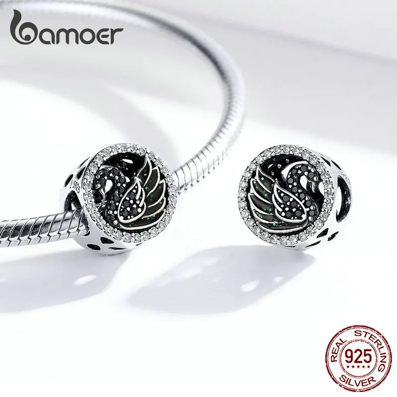 Bamoer, Черный лебедь, круглые бусины для женщин, для изготовления ювелирных изделий, серебро, 925, Шарм, подходит для браслета и браслета, дизайнерские ювелирные изделия SCC1342