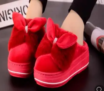 Red slippers Г. Зимние женские тапочки на Высоком толстом каблуке из хлопка Домашняя Нескользящая теплая обувь на меху женские плюшевые теплые домашние Тапочки - Цвет: Red slippers