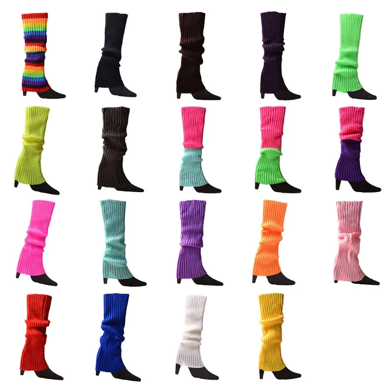 

Women 80s Fluorescent Neon Colored Knit Leg Warmers Ribbed Footless Socks Stockings Halloween Dance Party Accessories