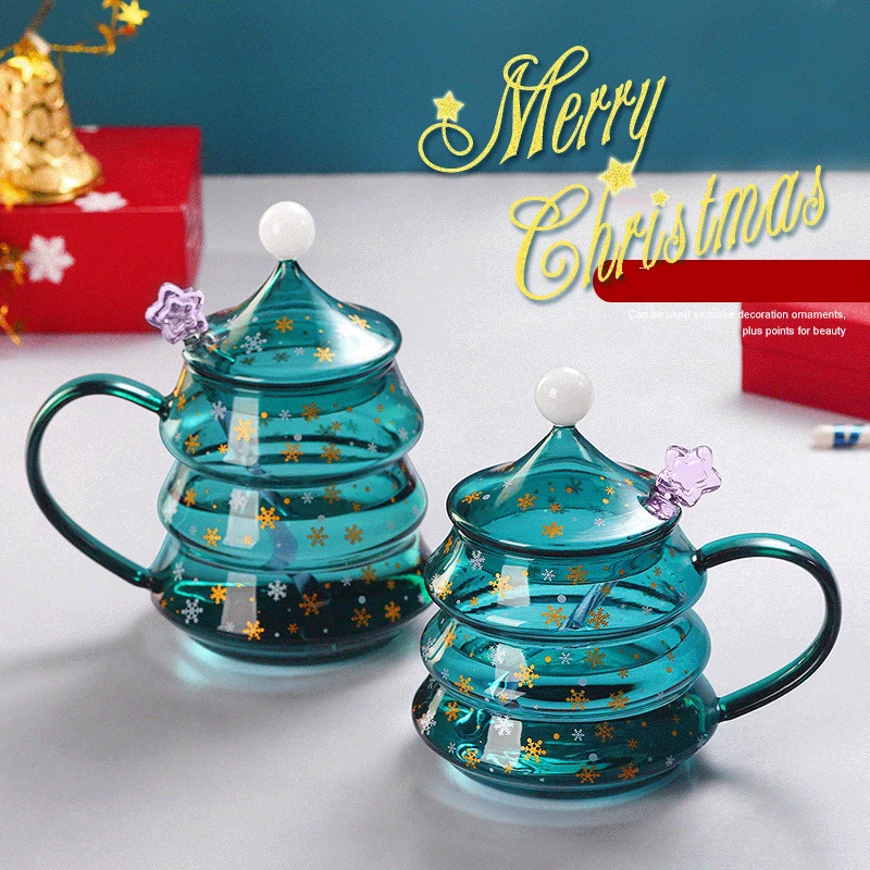 

400/500ml Christmas Gift Cup Ins Christmas Tree Shaped Glass Cup With Handle Home Green Heat-Resistant Water Cup With Lid LD545