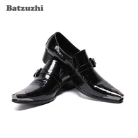 batzuzhi black business shoes fashion mens shoes pointed metal tip leather dress shoes men slip on zapatos hombre big size