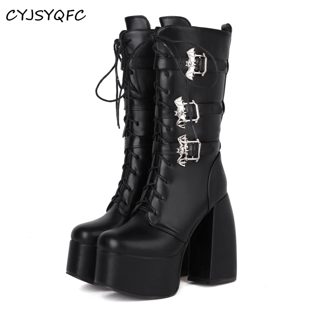 CYJSYQFC Punk Gothic Style Bat Buckle Platform Women Mid Calf Boots Autumn Winter Chunky High Heels Lace Up Ladies Demonia Boots