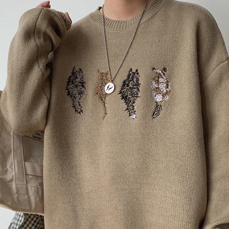 

Pullovers Men Print O-neck Long Sleeve Knitted Baggy Elasticity Sweaters Korean Style Chic Retro Winter Clothes Fashion Harajuku