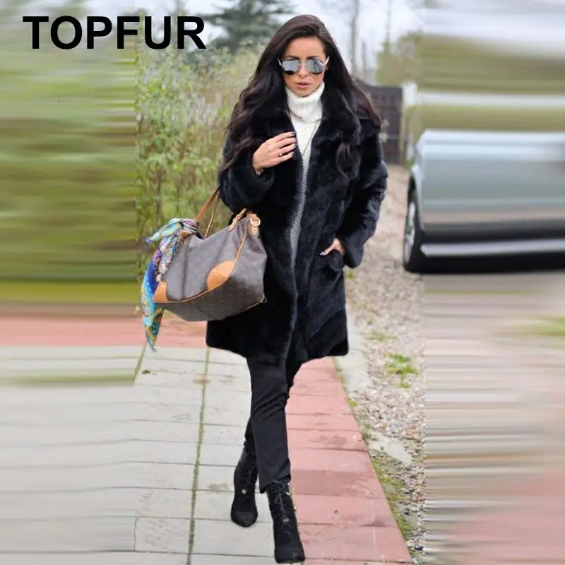 

TOPFUR Real Fur Coat Women Black Jacket With Belt Winter Mink Fur Coat With Fur Collar Genuine Leather Jacket Winter Coat Women