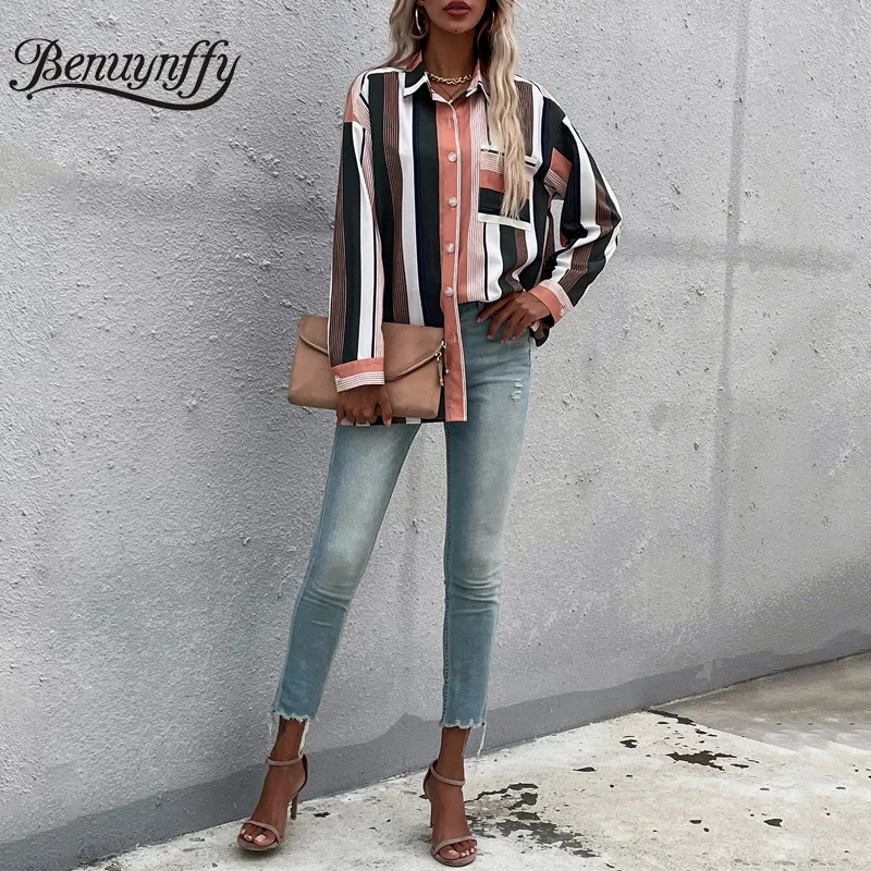 

Benuynffy Drop Shoulder Button Up Striped Shirts Women 2021 Autumn Casual Pockets Long Sleeve Tunic Blouse Woman Tops Clothing