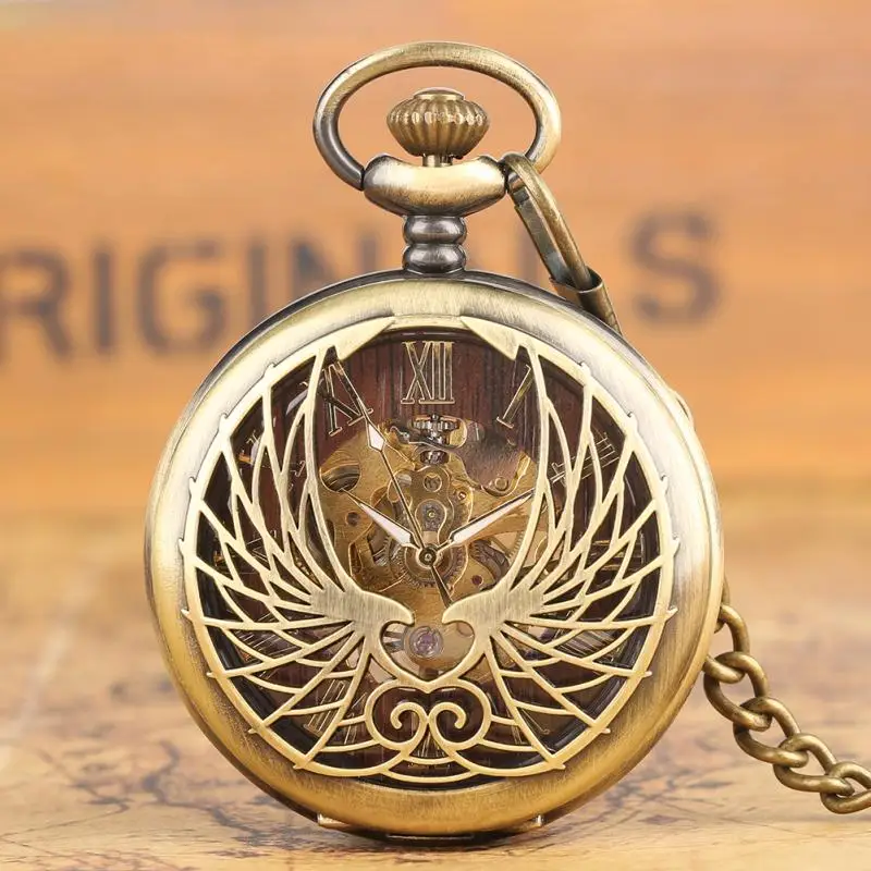 

Steampunk Bronze Hollow Handwinding Mechanical Pocket Watch Roman Numerals Display Pendant Chain FOB Clock Gifts for Men Women