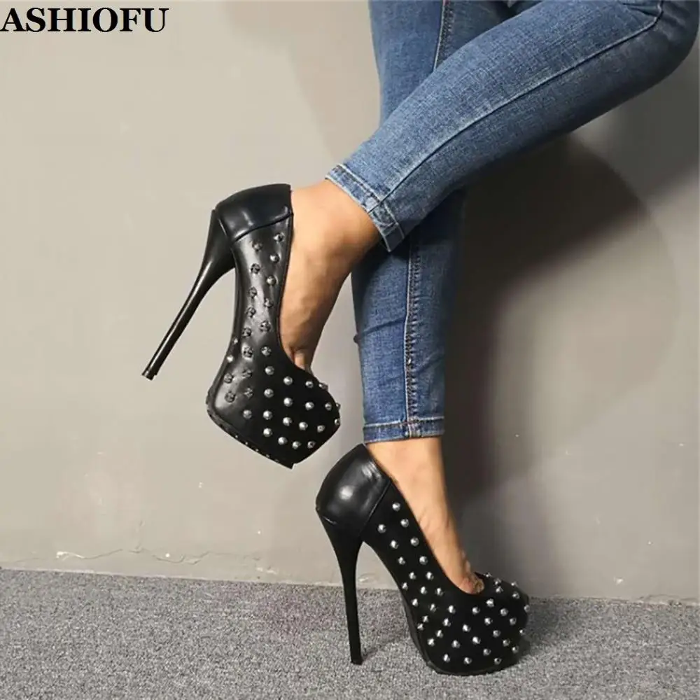 

ASHIOFU Handmade Women High Heel Platform Pumps Rivets Spikes Party Prom Dress Shoes Slip-on Real-photo Evening Fashion Shoes