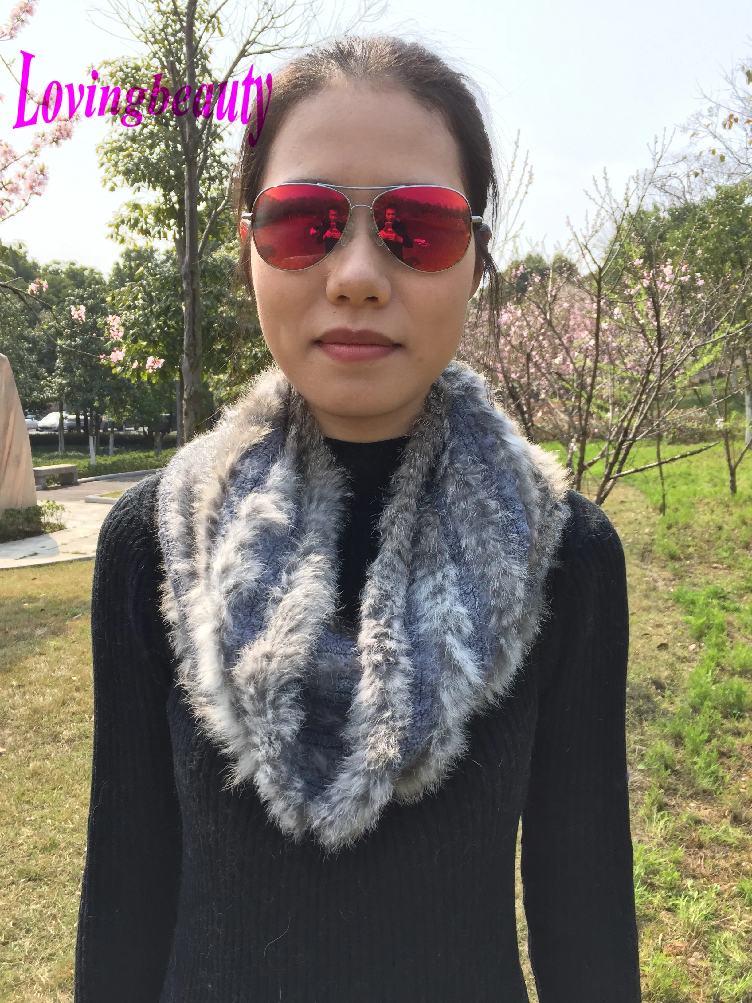 Шарф из серого меха осенне-зимний шарф натурального кролика круглый |