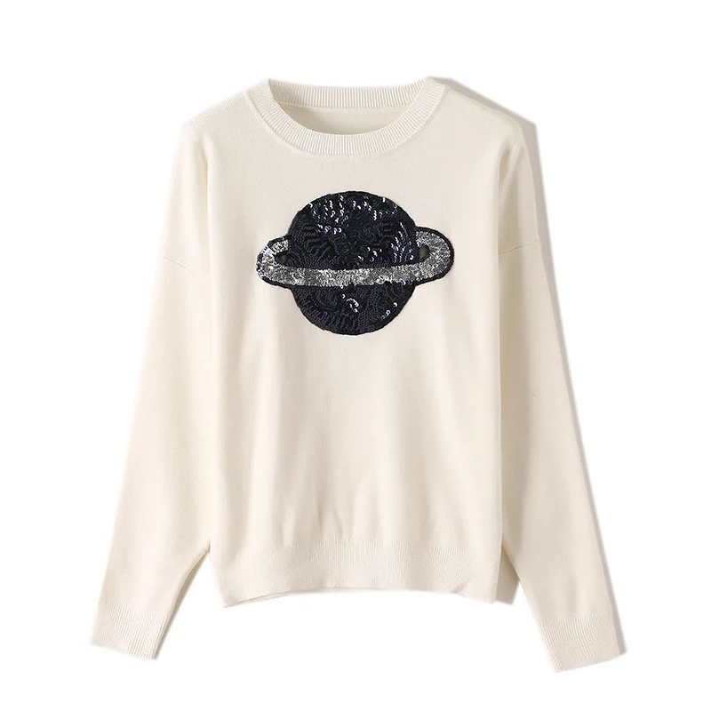 

Осень 2020, женский свитер с блестками в виде планеты, облегающий Женский Повседневный пуловер с длинным рукавом, женские топы, пуловеры