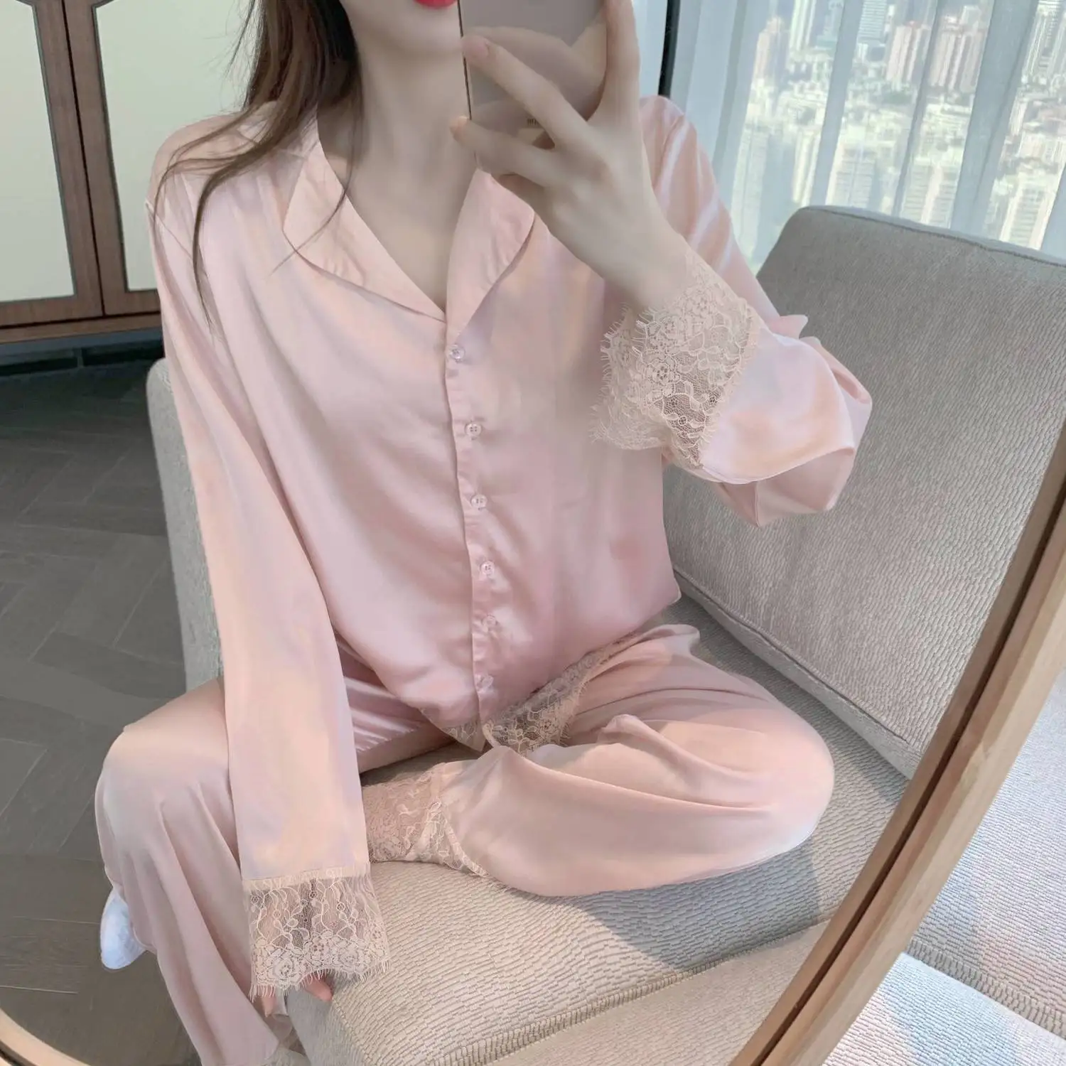

Sexy Nightgown Pajamas Suit Women Rayon Sleep Set Sleepwear Nightwear With Lace Intimate Lingerie Homewear 2PCS Shirt&Pants