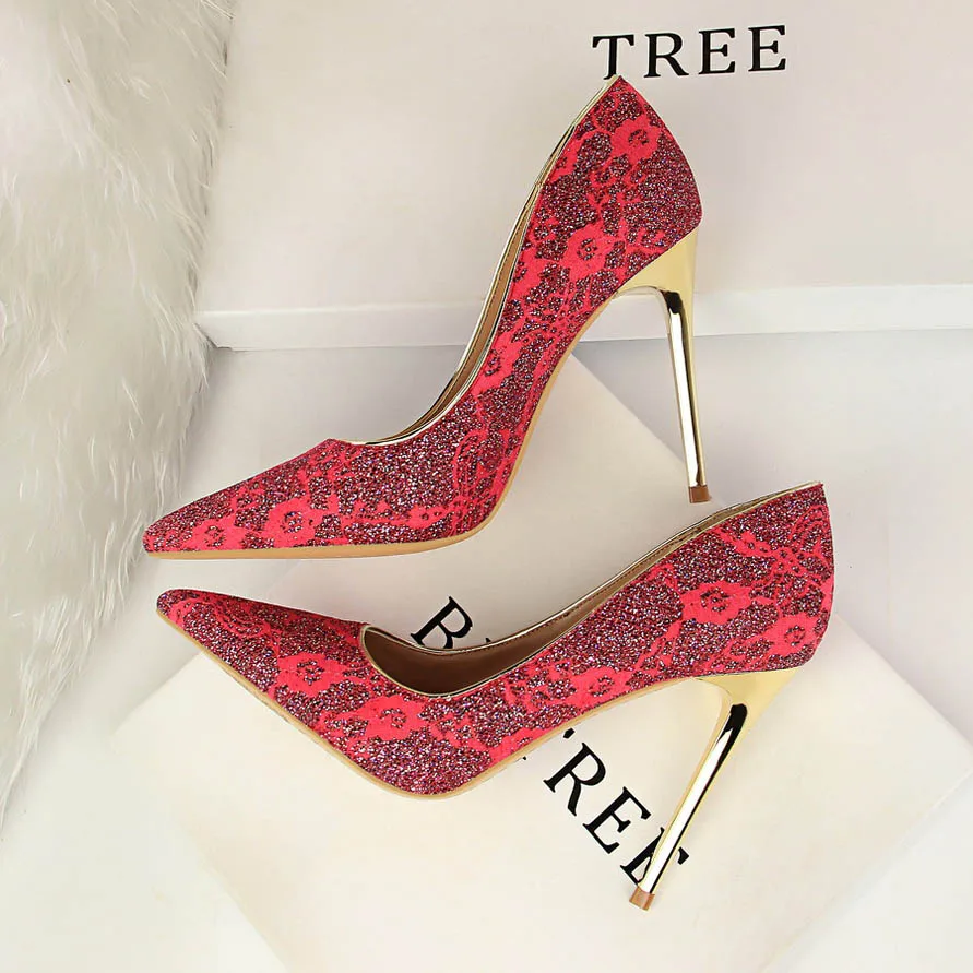 Женские туфли лодочки на шпильке 10 см розовые высоком каблуке украшенные