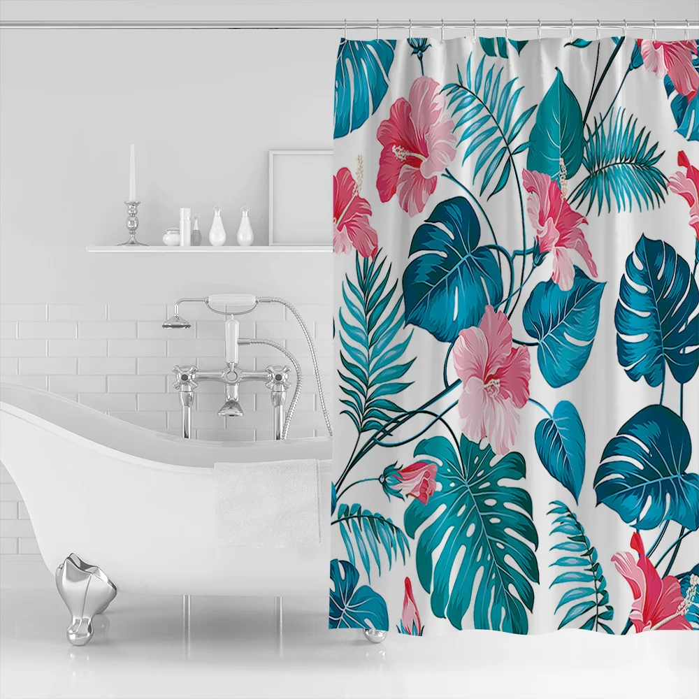 Red Flowers With Large Leaves Seamless Pattern Hook Shower Curtain for Bathroom Decoration | Дом и сад