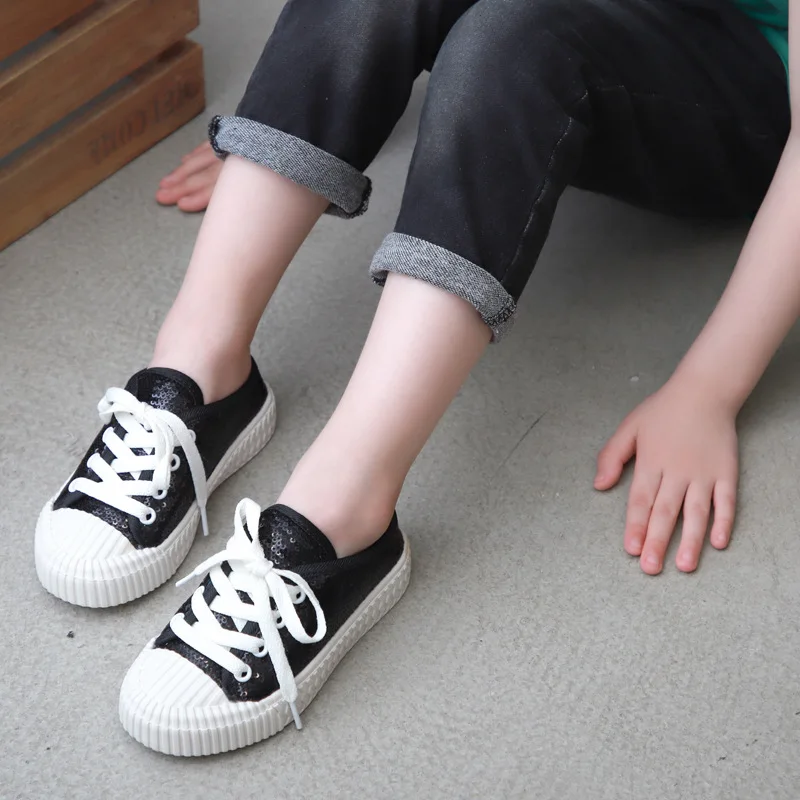 CUZULLAA Children Sequin Sneakers for Boys Girls Lace Up Glitter Fashion Shoes Kids Canvas Soft Bottom Flats Spring Autumn | Детская