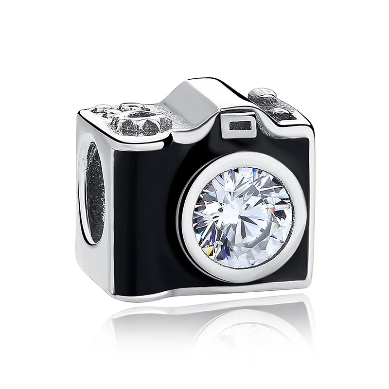 

Authentic 925 Sterling Silver Bead Black Enamel Camera With Crystal Charms fit Pandora Bracelet Bangle DIY Jewelry