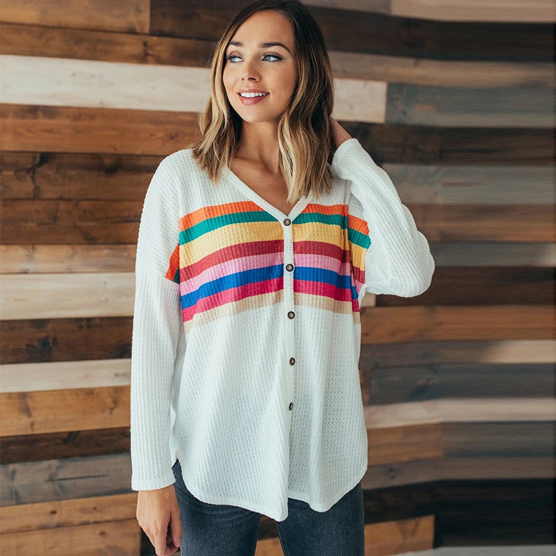 Женская Осенняя блузка с вафельными пуговицами свободная полосатая Трикотажная