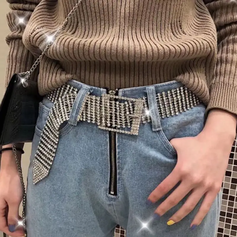 Женские многорядные блестящие стразы регулируемый пояс с квадратной пряжкой для