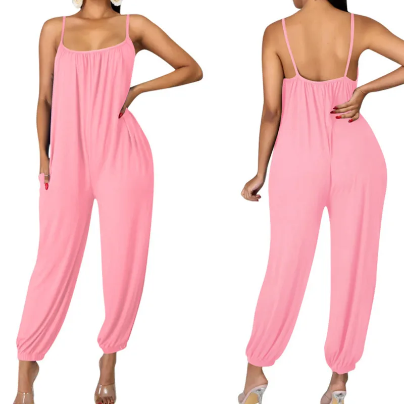

Women Solid Color Jumpsuit, U-shaped Neck Spaghetti Strap Backless Loose Casual Romper Summer Loose Playsuit Plus Size